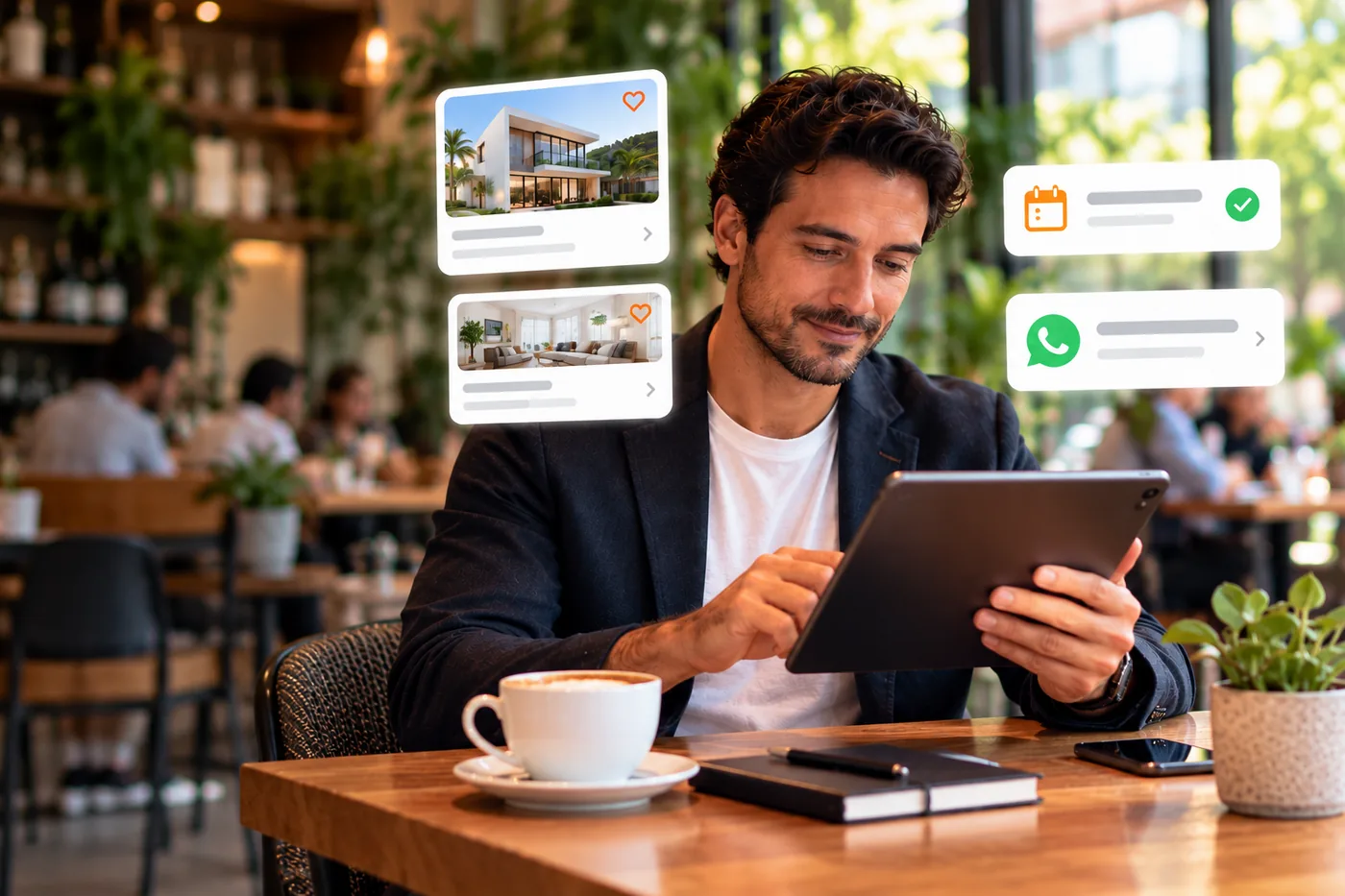 Asesor inmobiliario tranquilo usando una tablet en una cafetería, con tarjetas ilustrativas de propiedades, cita programada y WhatsApp