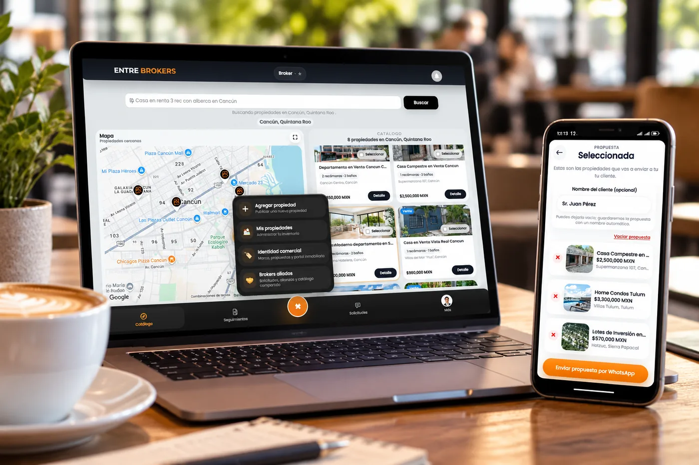 Montaje de una laptop mostrando el mapa y catálogo de Entre Brokers junto a un teléfono con una propuesta de propiedades seleccionadas para enviar por WhatsApp