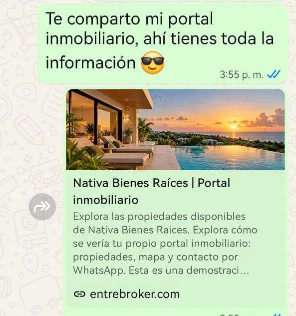 Ejemplo de un mensaje de WhatsApp que comparte el enlace del portal inmobiliario Nativa Bienes Raíces