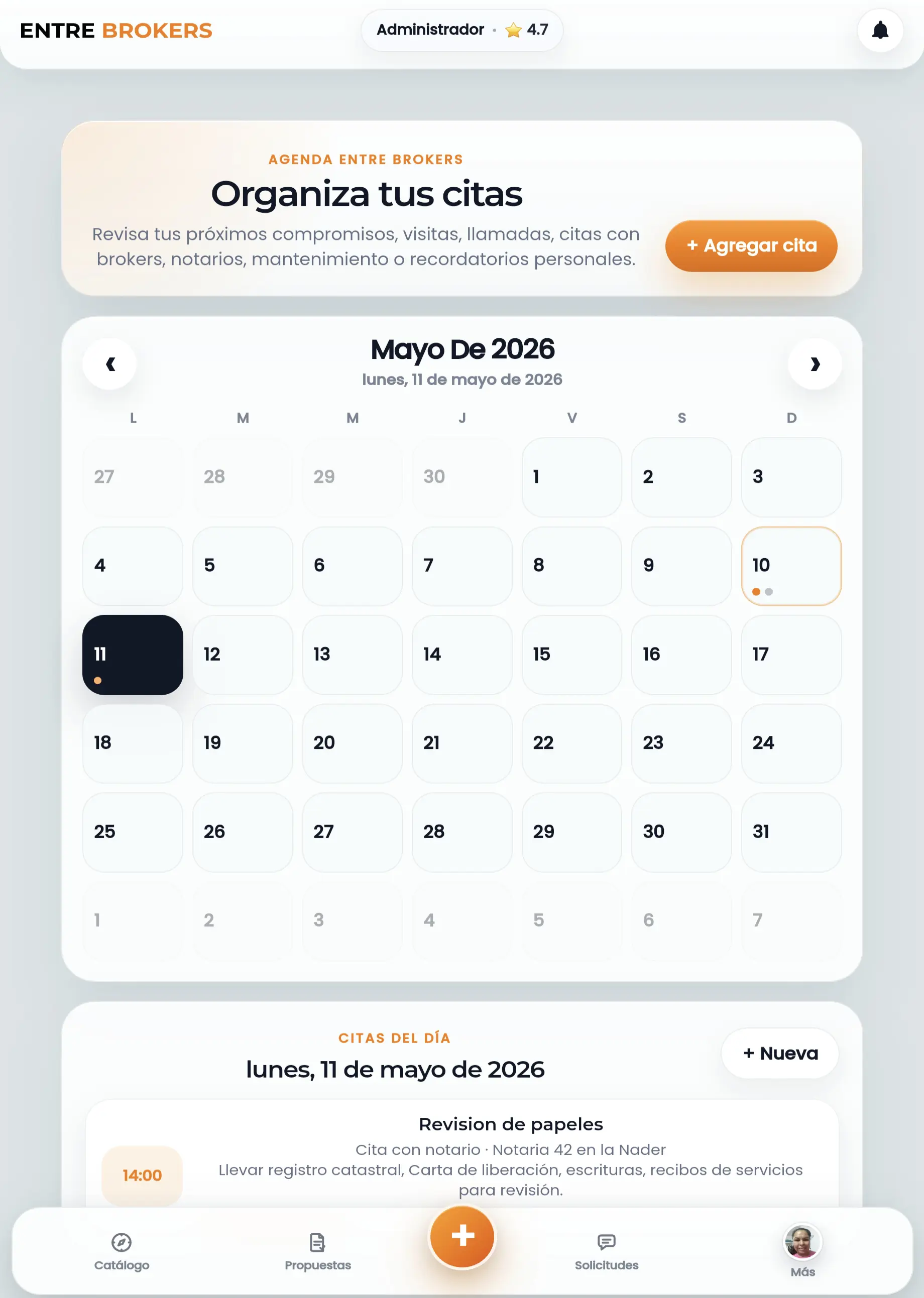 Agenda de Entre Brokers para asesores inmobiliarios con calendario mensual, citas y recordatorios