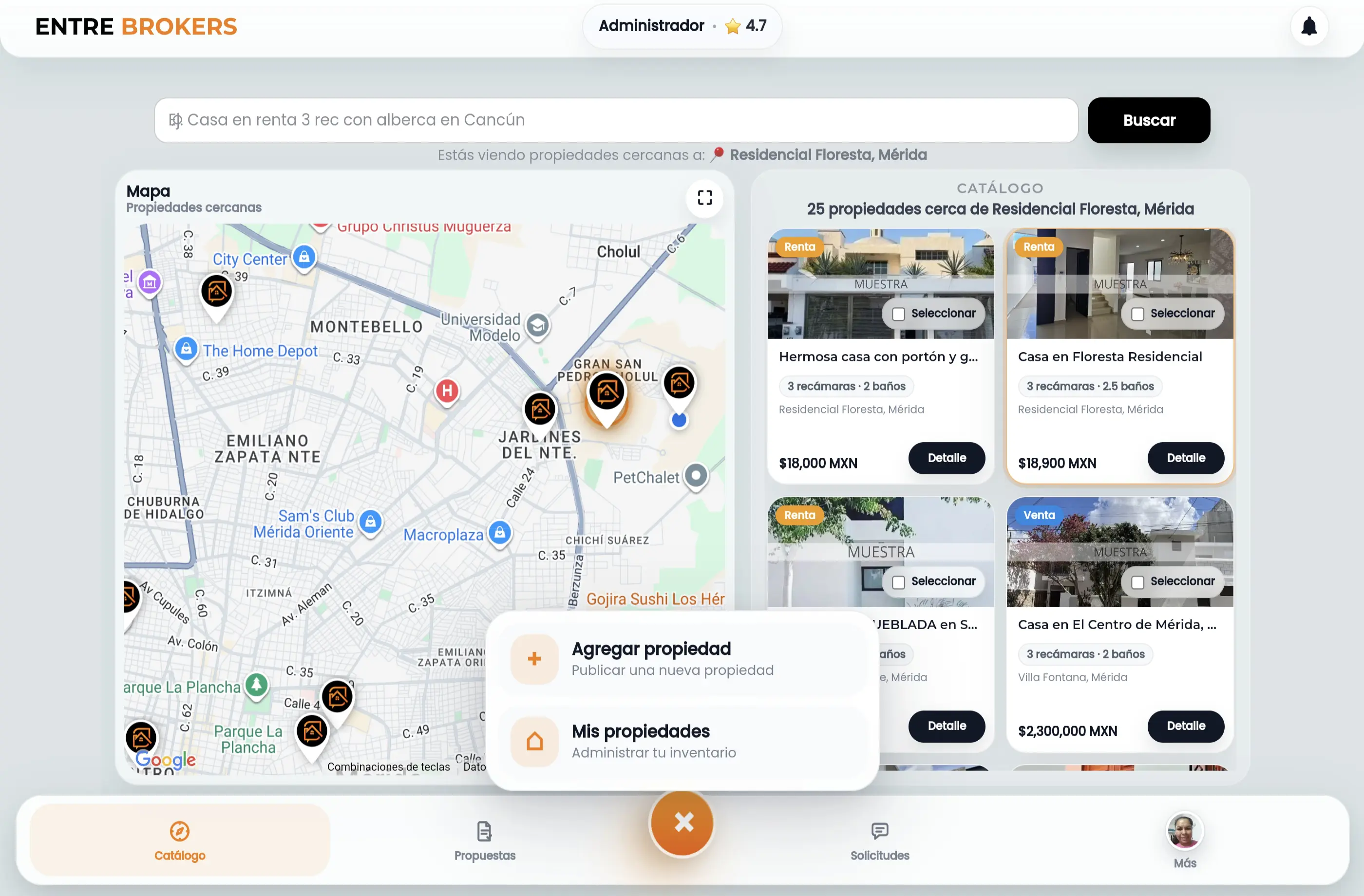 Catálogo colaborativo de Entre Brokers para asesores inmobiliarios con mapa y propiedades compartidas