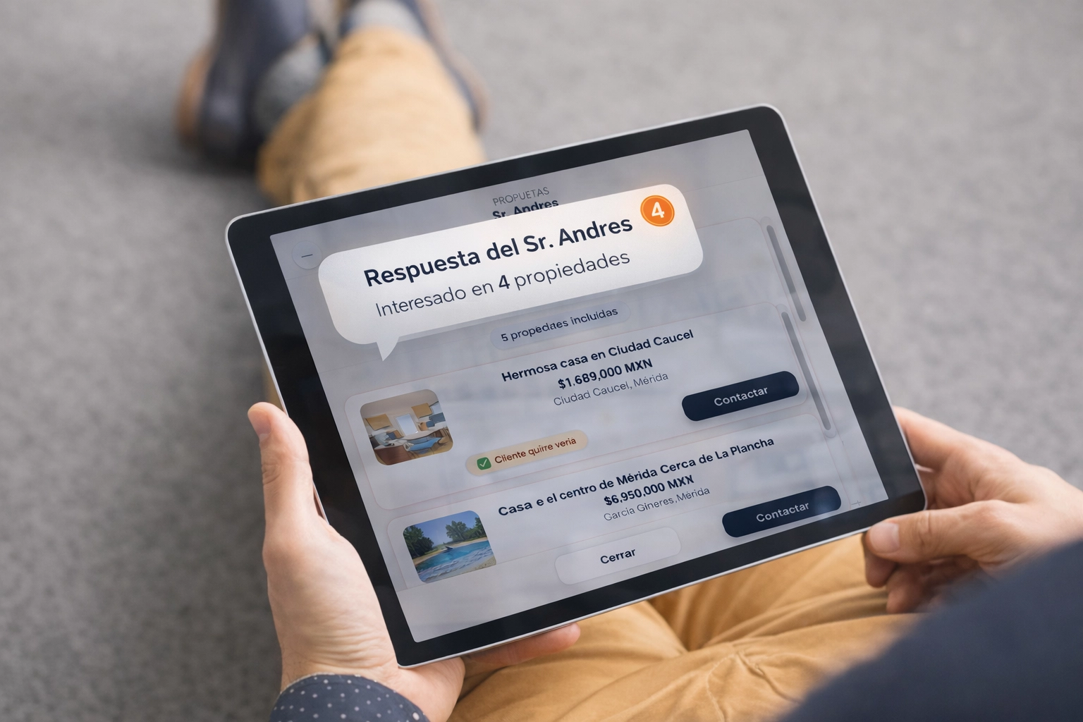 Herramientas de Entre Brokers para asesores inmobiliarios mostrando una propuesta y la selección de propiedades del cliente