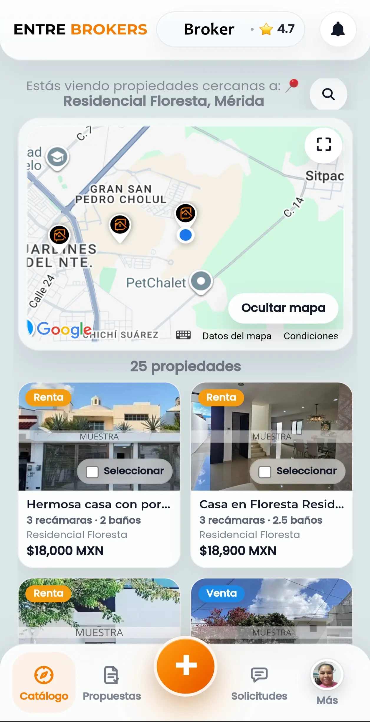 Interfaz de Entre Brokers para asesores inmobiliarios con mapa y catálogo de propiedades para preparar propuestas profesionales