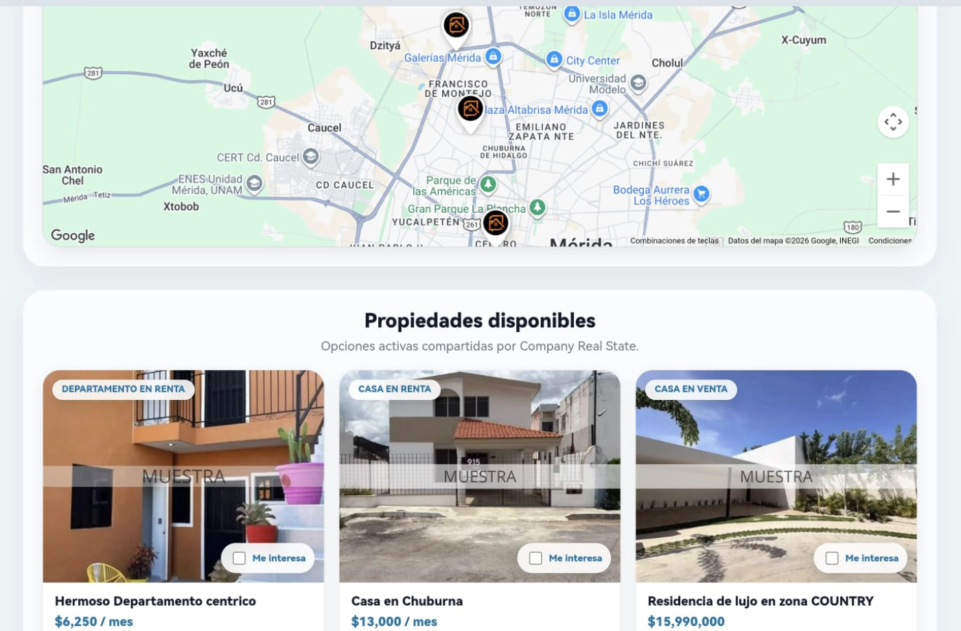 Portal inmobiliario de Entre Brokers para asesores inmobiliarios con mapa y catálogo de propiedades disponibles