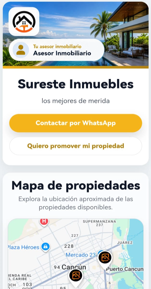 Portal inmobiliario personalizado de Entre Brokers con identidad, contacto y propiedades del asesor inmobiliario