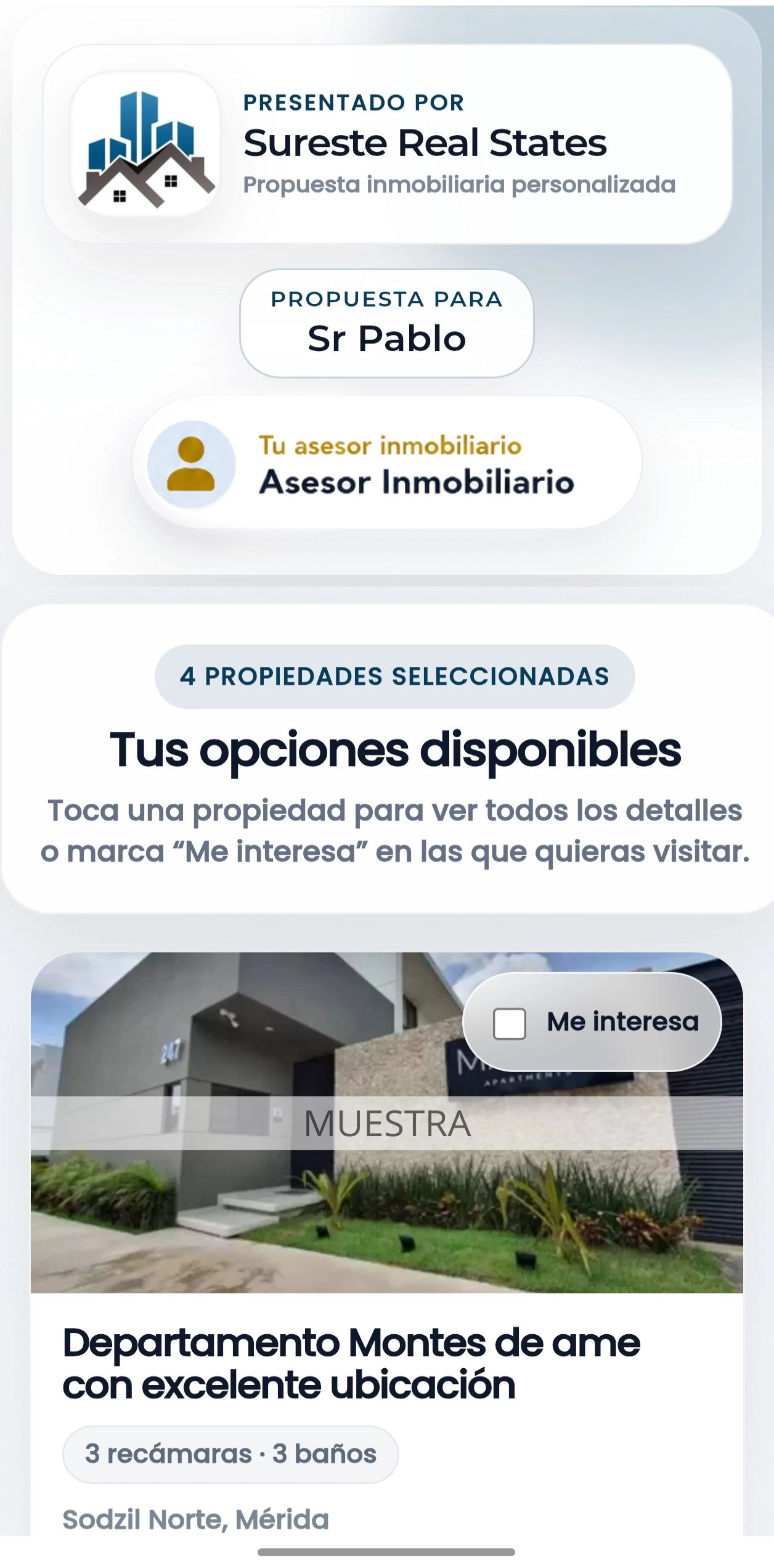 Propuesta inmobiliaria personalizada de Entre Brokers con identidad del asesor y propiedades seleccionables para el cliente